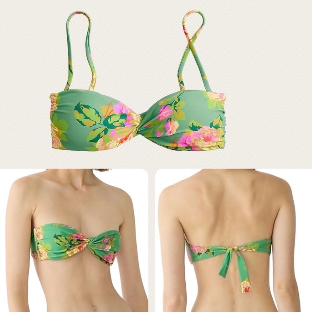 J. Crew Twist Bandeau Bikini Top In Rose Garden– Clover Green, Size XXS